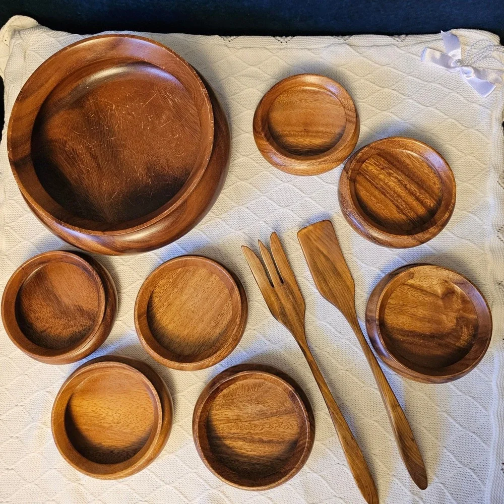 Vintage MCM Monkeypod Wood Salad Bowl Set 10 Piece Set Hawaiian Hand Carved